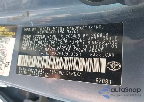 2004 Toyota Camry Xle из США, поврежденный, VIN 4T1BE32K94U913053